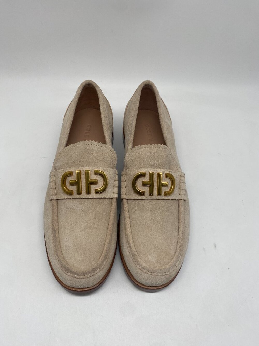 Cole Haan Women's Beige Suede Loafers with Gold Buckle